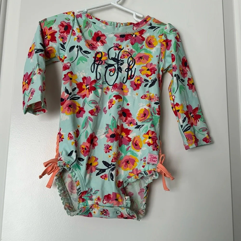 Ruffle Butts Floral Rashguard Swimsuit Size 12-24 Months w Monogram ATR